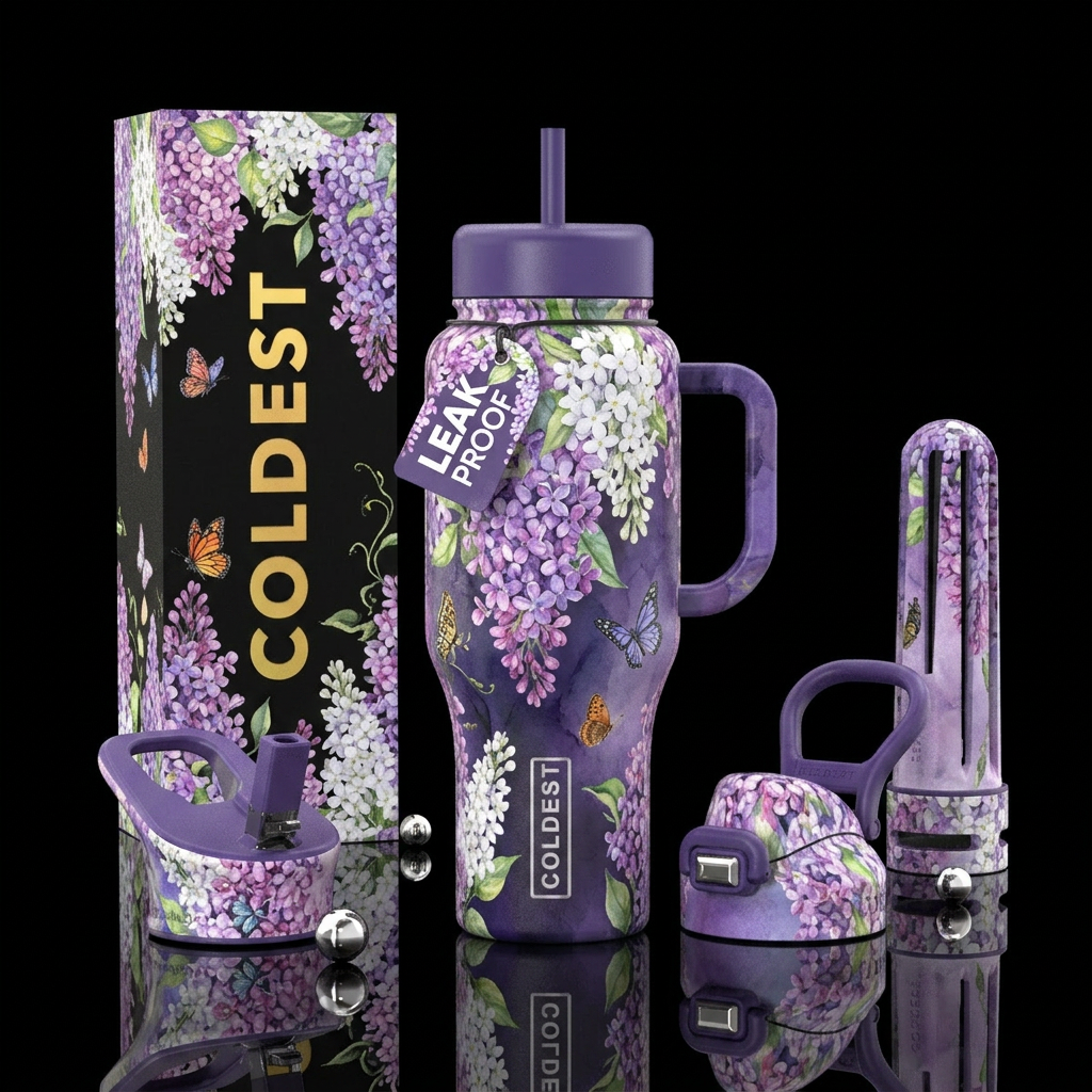 Lilacs, water color, glossy, trompe-l'œil,tiny but... water bottle design