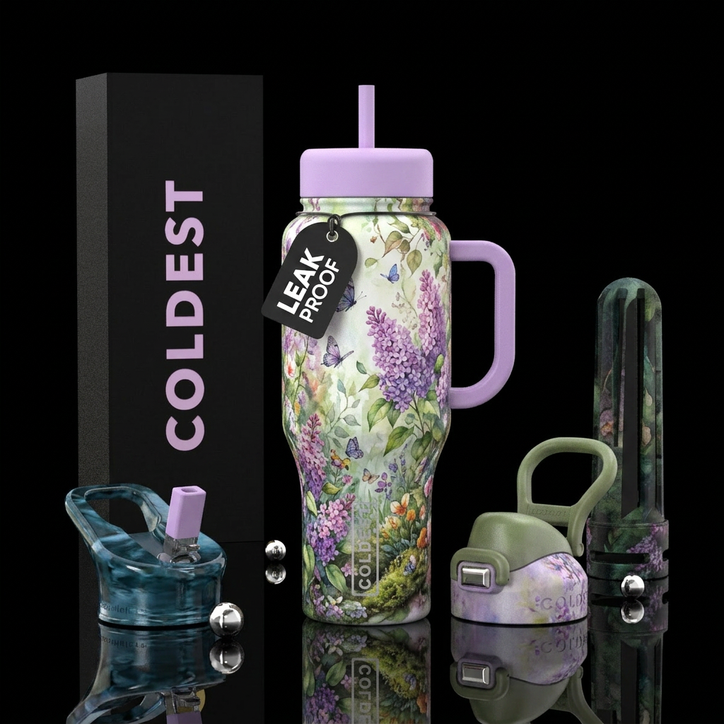 Lilacs, water color, glossy, trompe-l'œil,tiny but... water bottle design