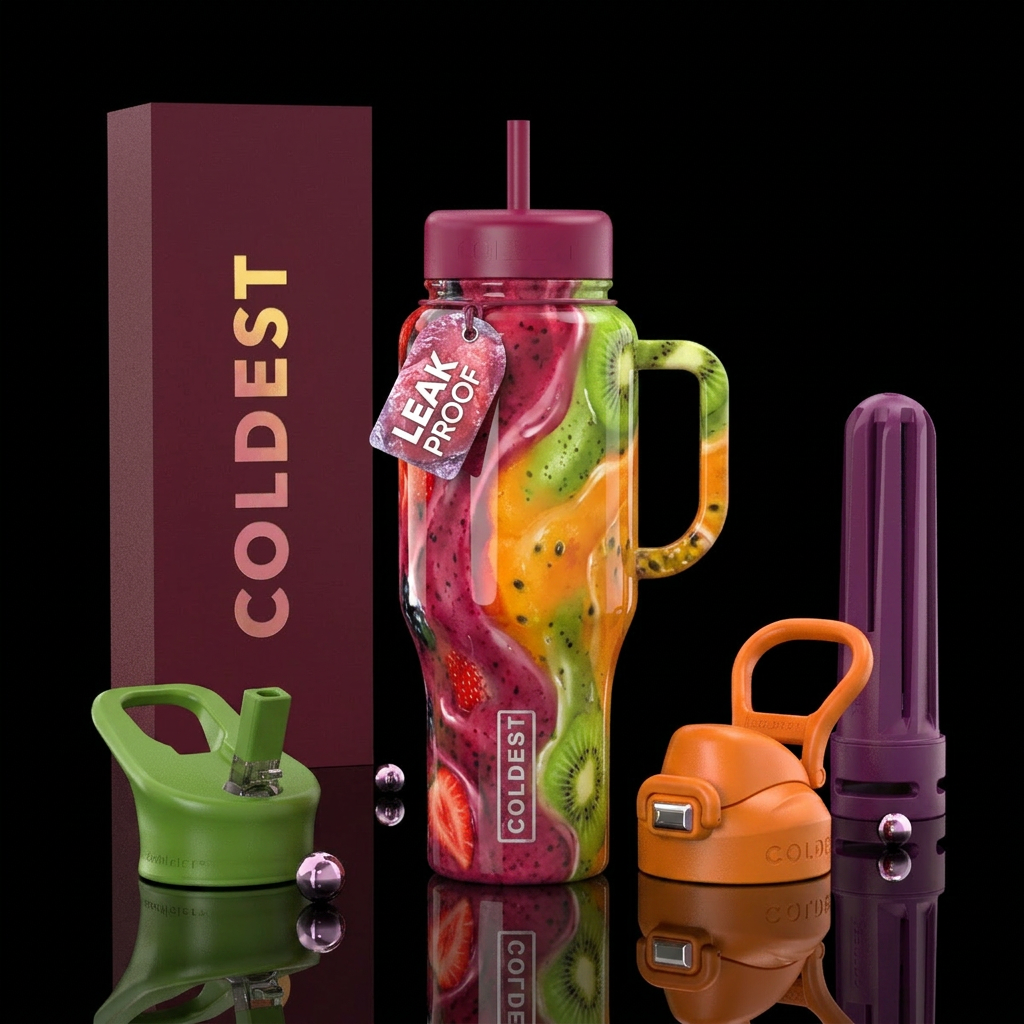 smoothie,trompe-l'œil, glossy, flowing water bottle design