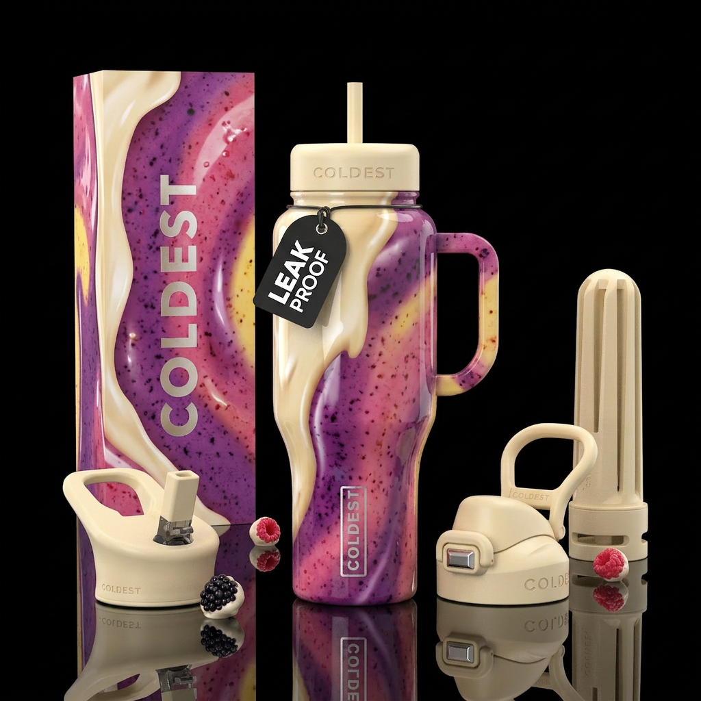 smoothie,trompe-l'œil, glossy, flowing, cream water bottle design