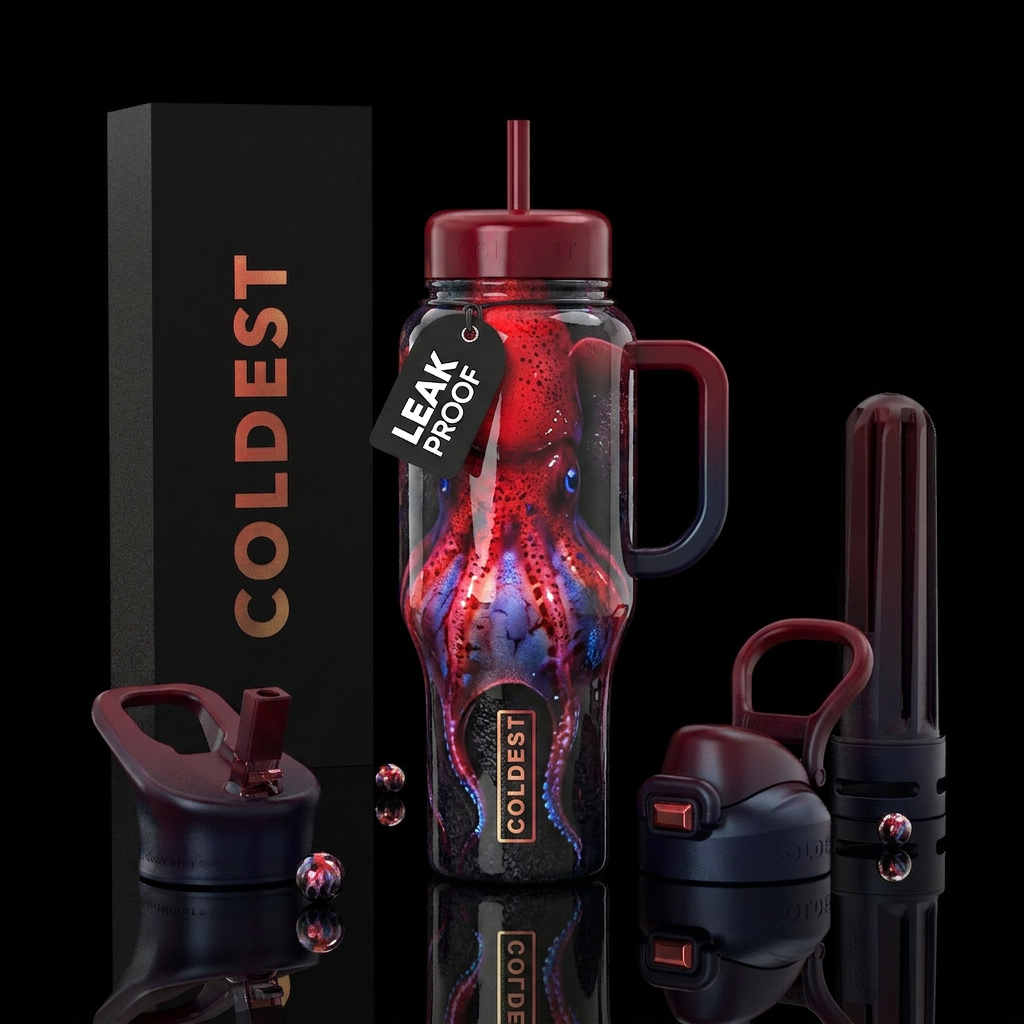 Vampiric squid,glossy,trompe-l'œil water bottle design