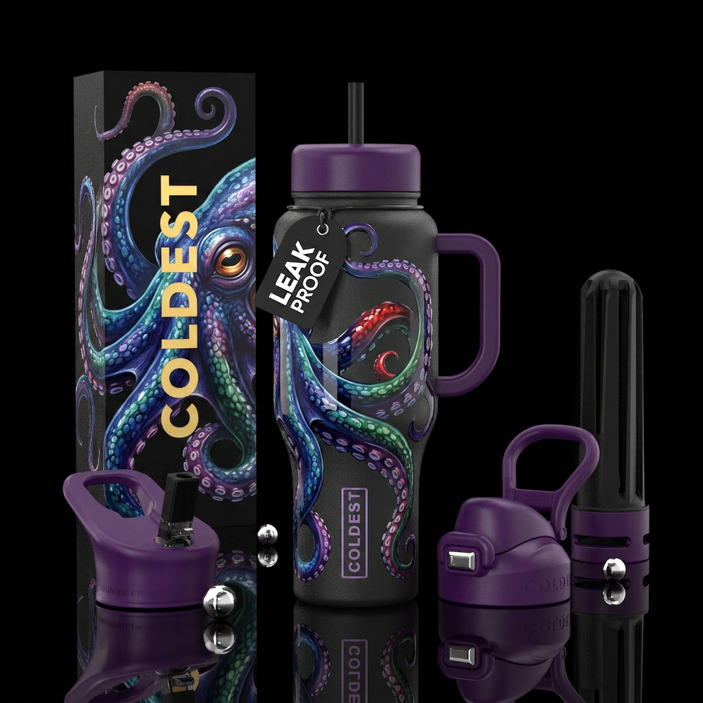 Gloss octopus ,glossy,trompe-l'œil water bottle design