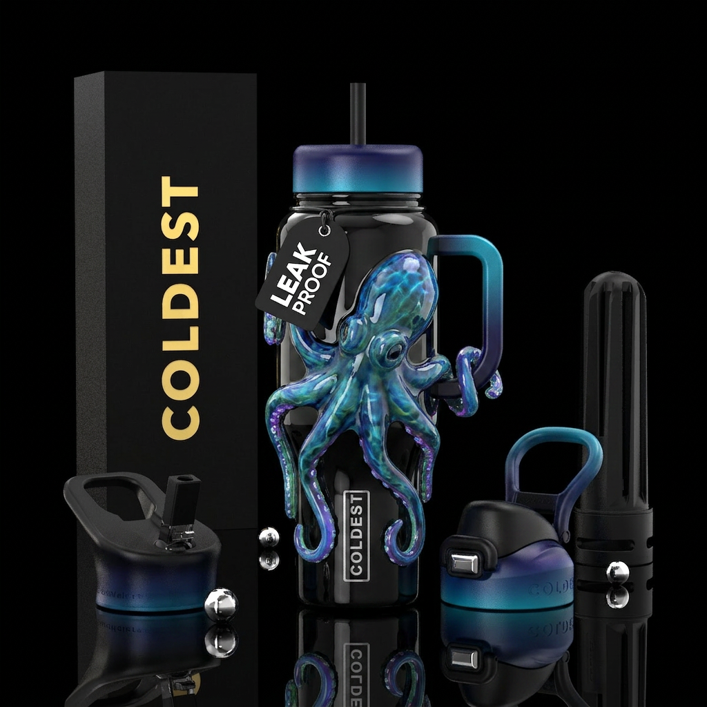 Glass octopus ,glossy,trompe-l'œil water bottle design