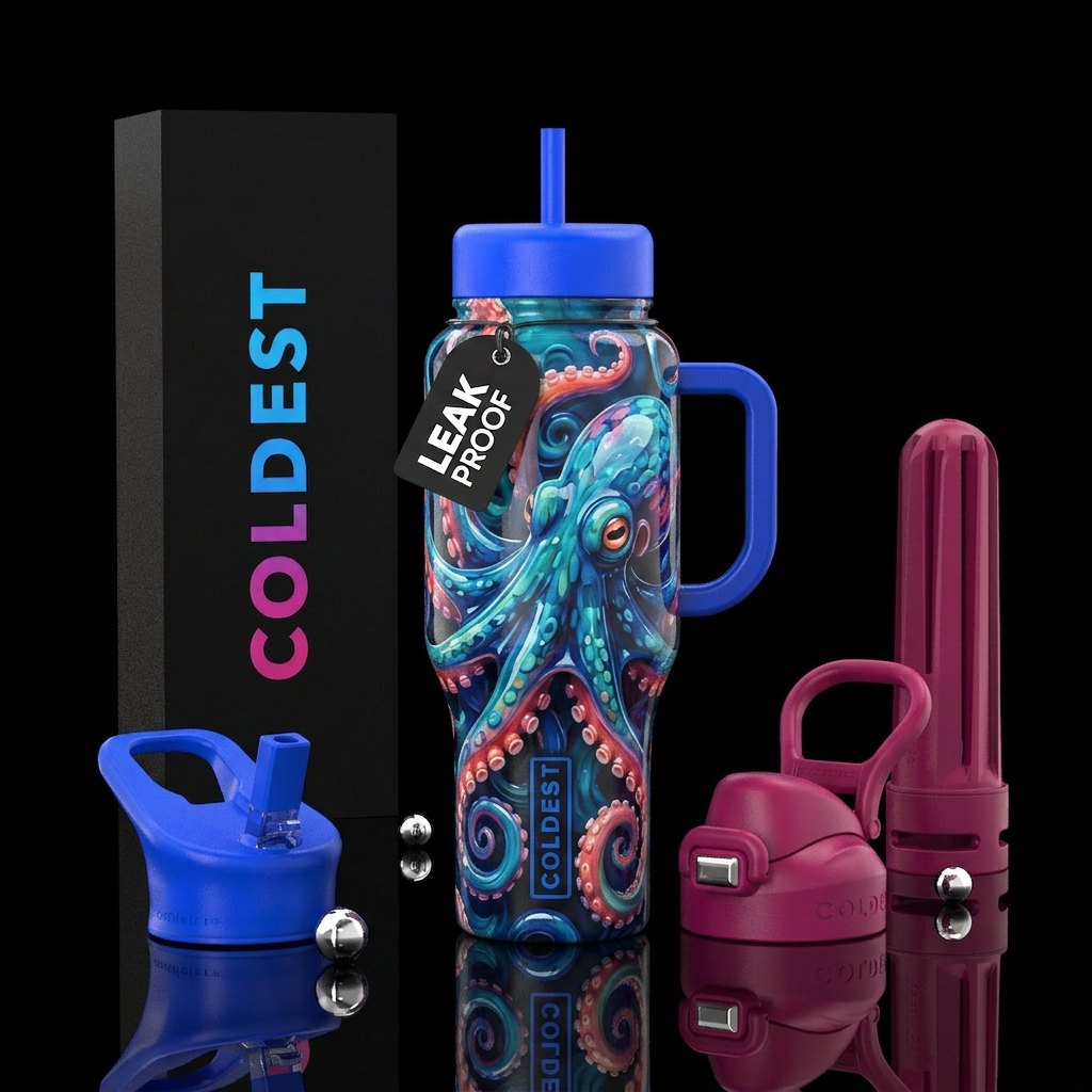 Glass octopus ,glossy,trompe-l'œil water bottle design