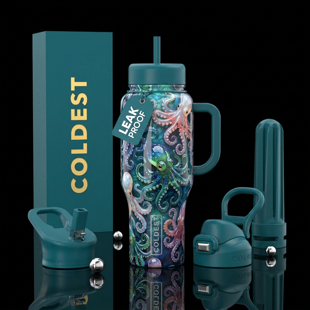 Baby Glass octopus ,glossy,trompe-l'œil water bottle design
