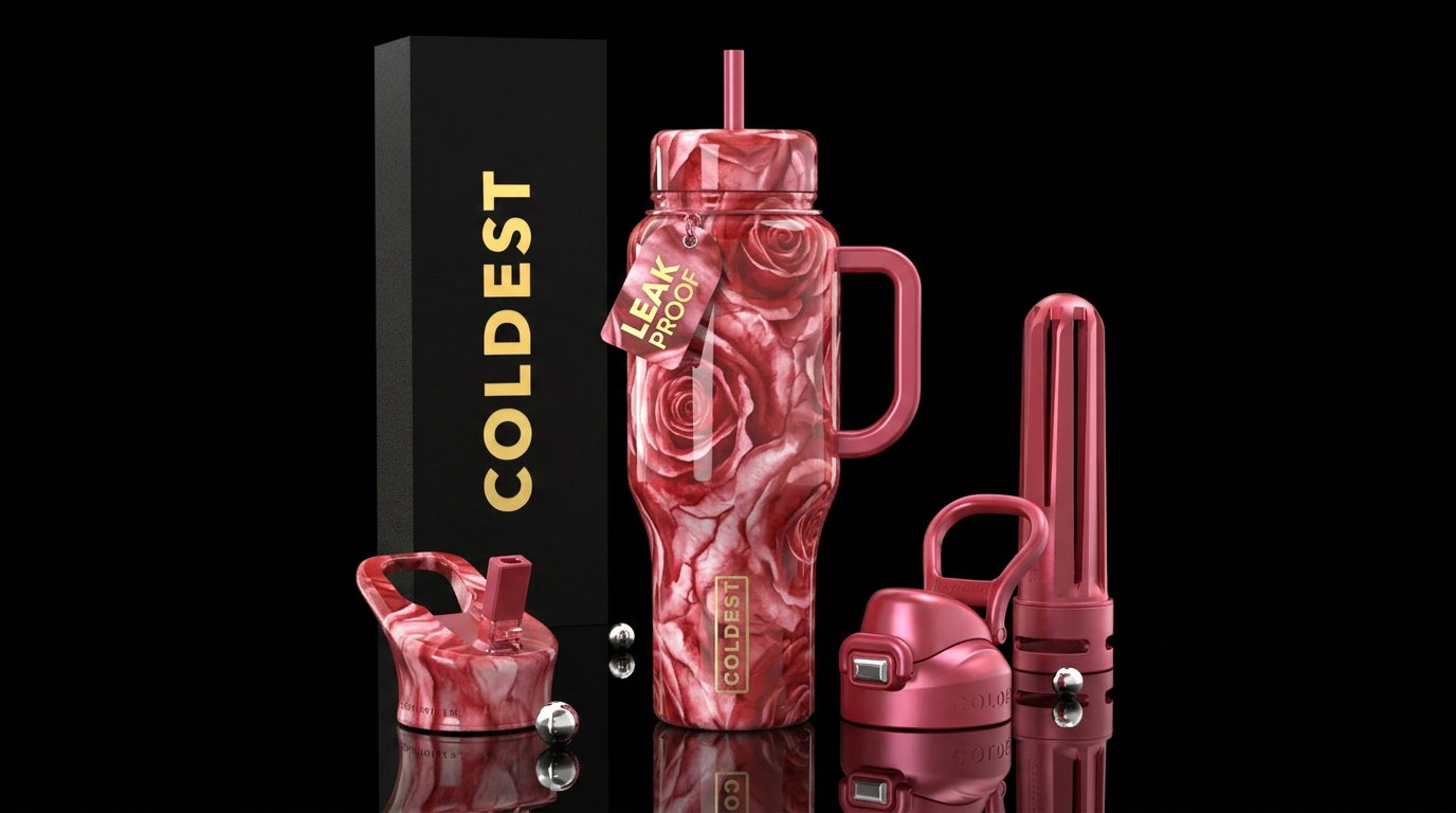 Varigated rose,glossy, trompe-l'œil water bottle design