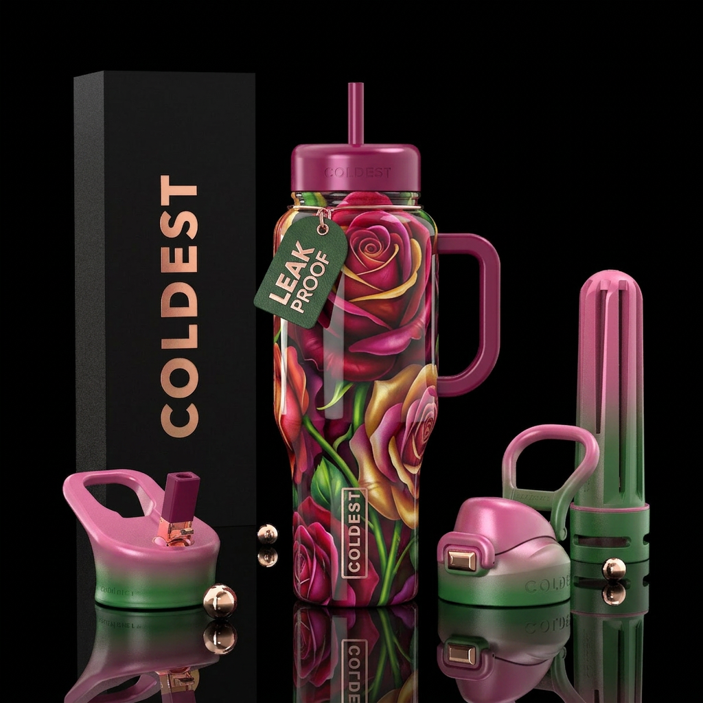 Varigated rose,glossy, trompe-l'œil water bottle design