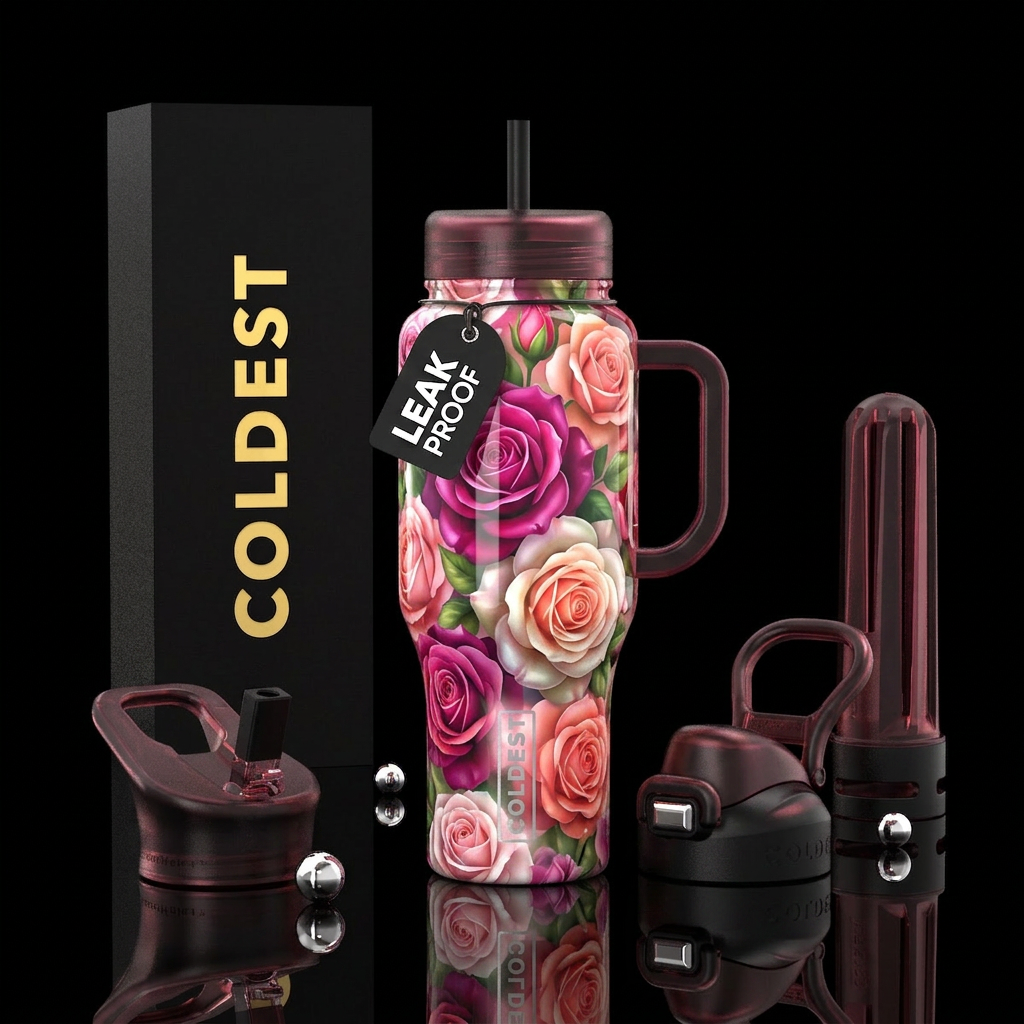 Varigated rose,glossy, trompe-l'œil, glowie water bottle design