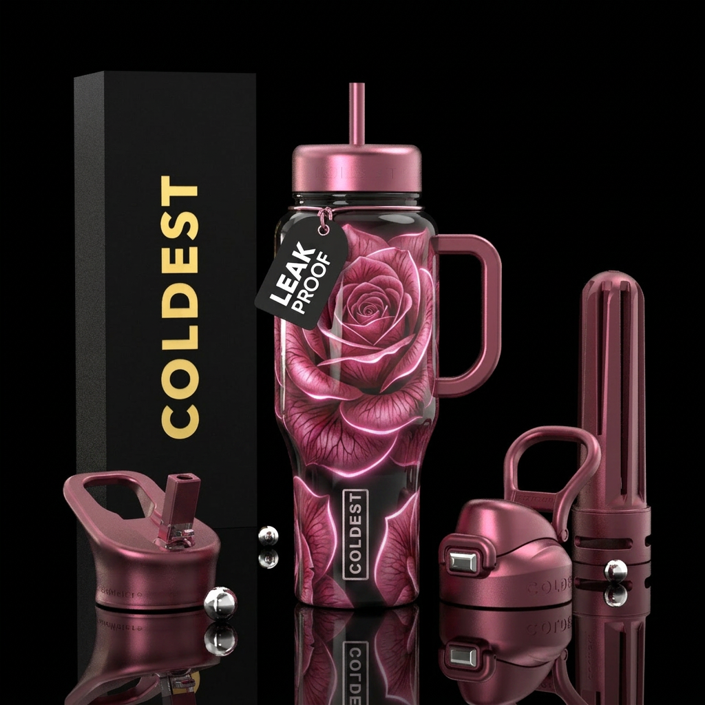 Varigated rose,glossy, trompe-l'œil, glowie water bottle design