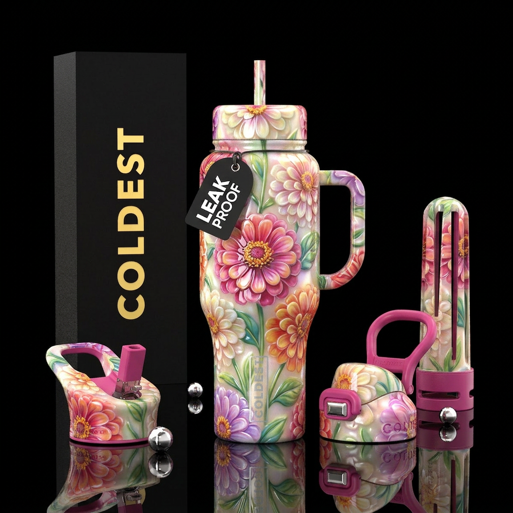 Varigated zinnia,glossy, trompe-l'œil, glowie water bottle design