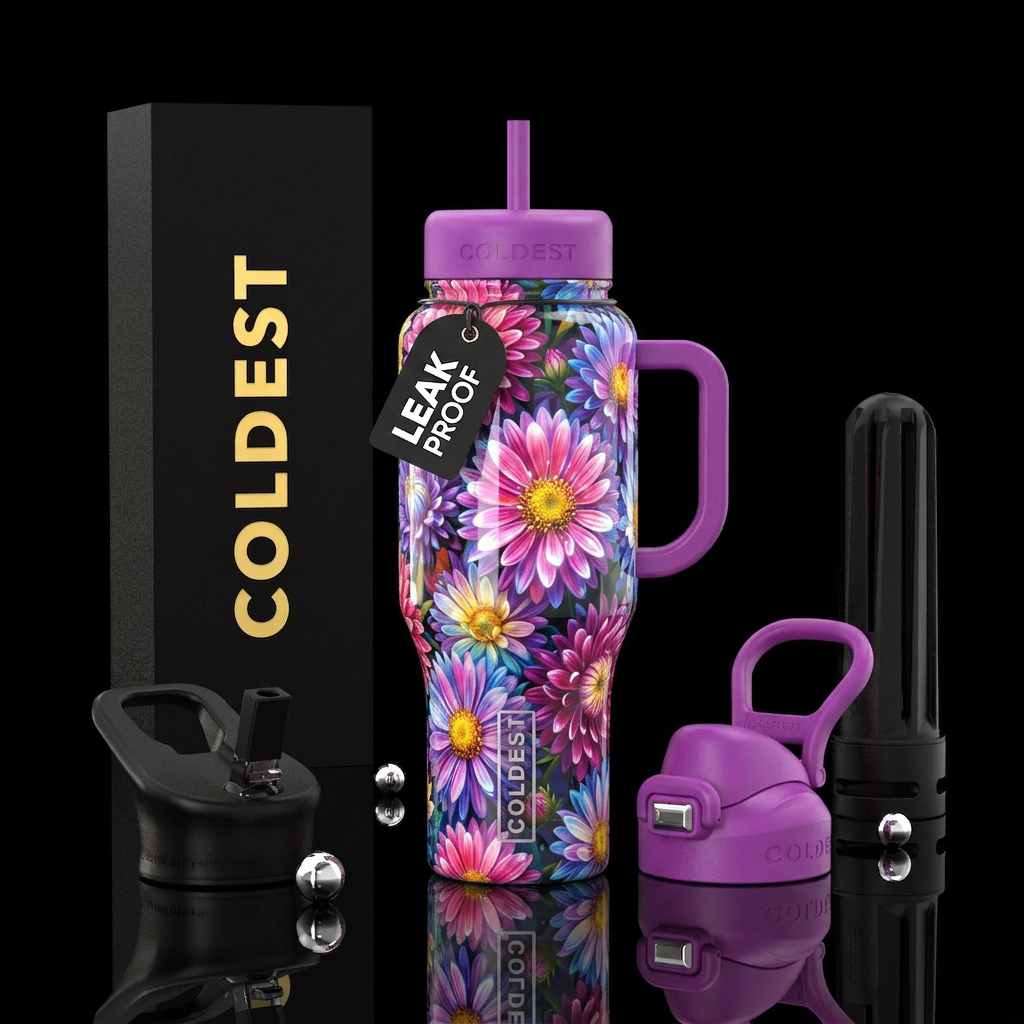 Varigated asters,glossy, trompe-l'œil, glowie water bottle design