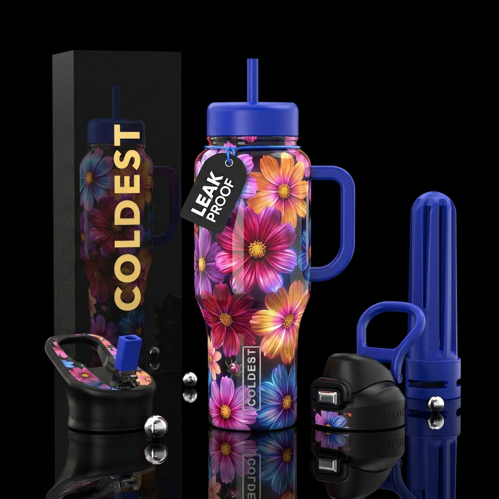 Varigated cosmos flowers, glossy, trompe-l'œil, gl... water bottle design