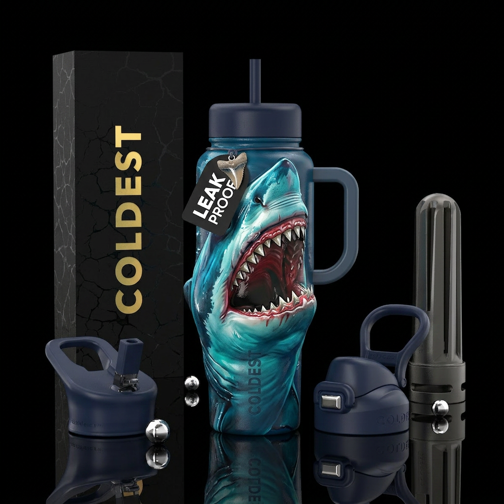 Shark eating the bottle from bottom up, glossy, tr... water bottle design