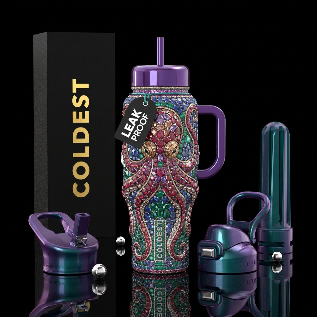 Gemstone octopus, glossy, trompe-l'œil water bottle design