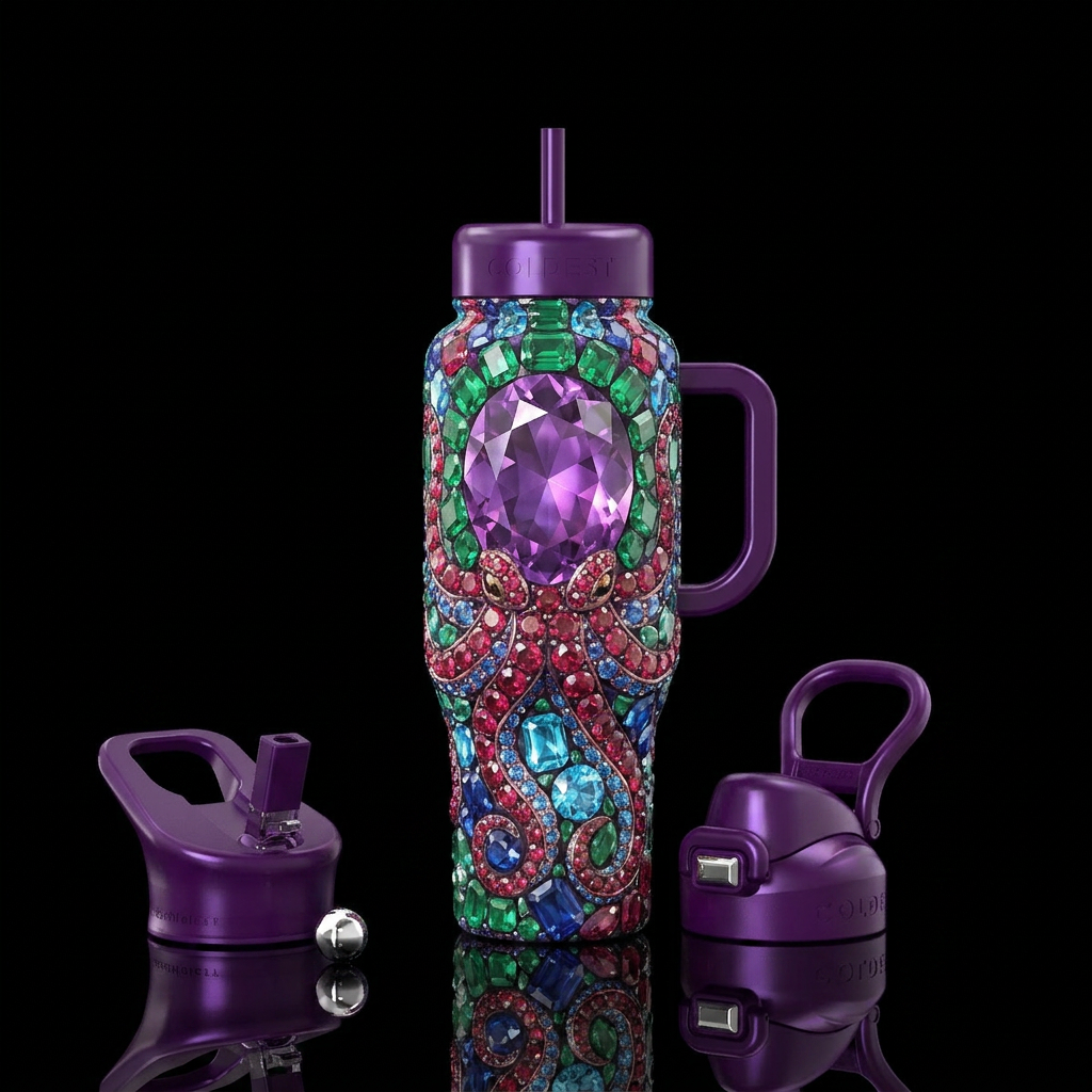 Gemstone octopus,body is one big gem, glossy, trom... water bottle design