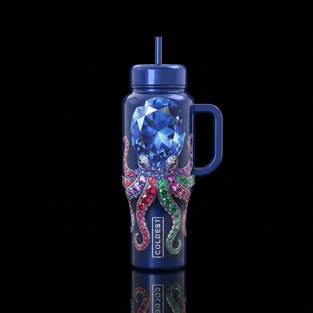 Gemstone octopus,body is one big gem, glossy, trom... water bottle design