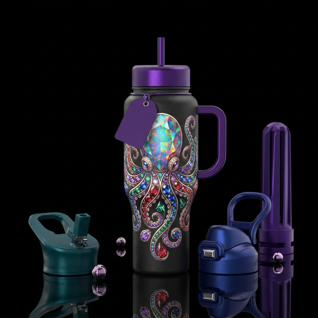 Gemstone octopus,body is one big gem, glossy, trom... water bottle design