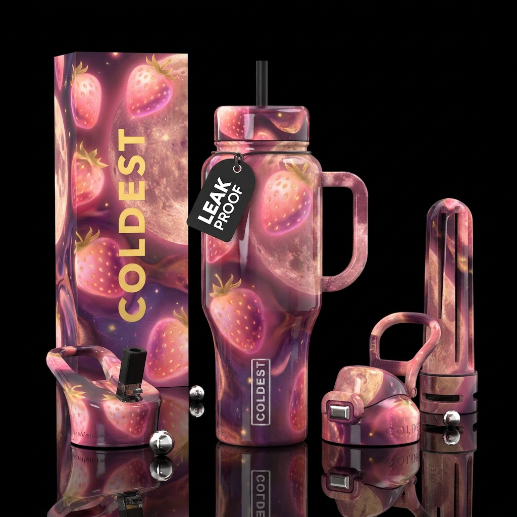 Strawberry moon,glossy, glowie, trompe-l'œil water bottle design