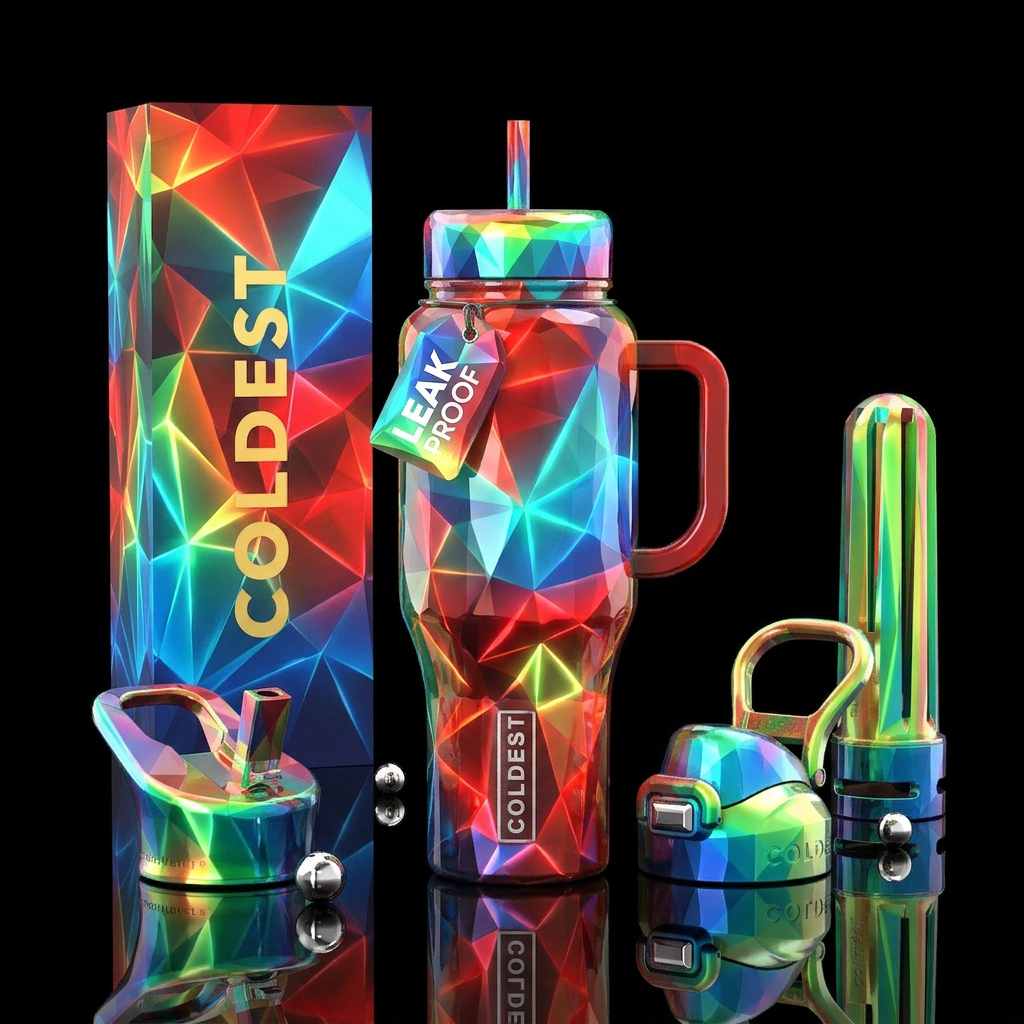 glossy, glowie, trompe-l'œil, ageless, low poly water bottle design