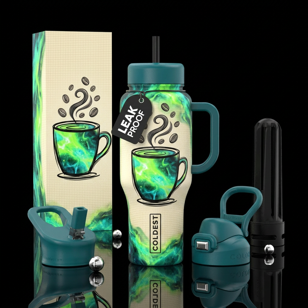 stylized coffee mug theme. The background has a te... water bottle design