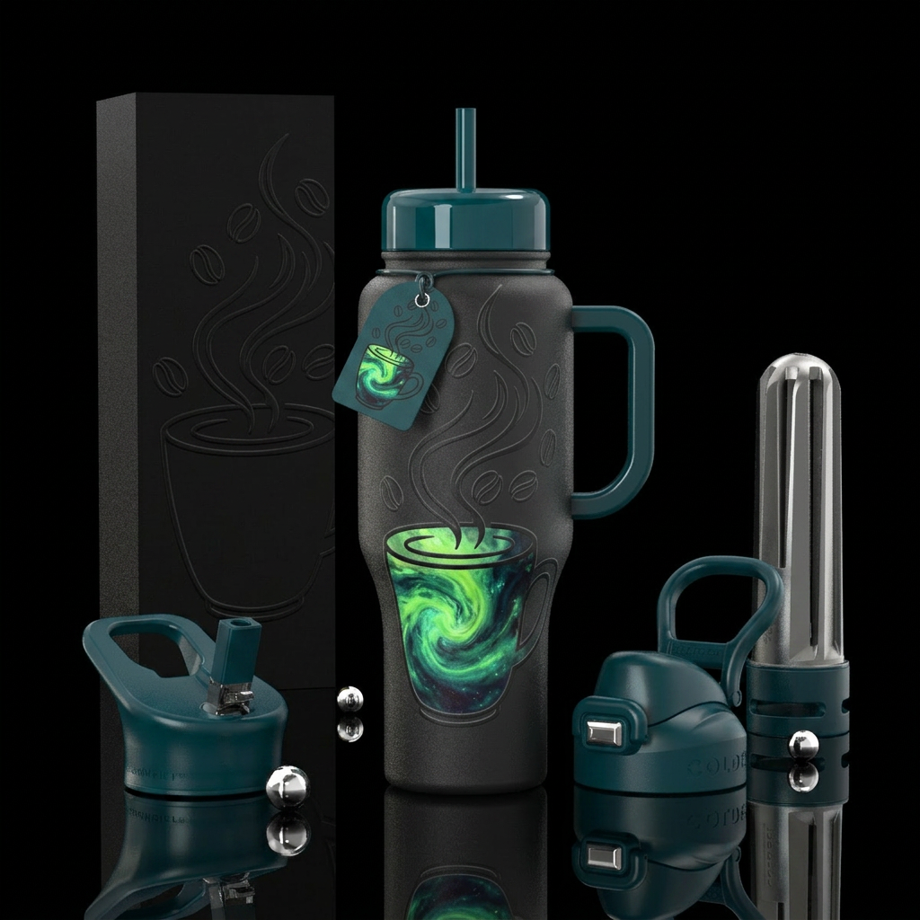 stylized coffee mug theme. The background has a te... water bottle design