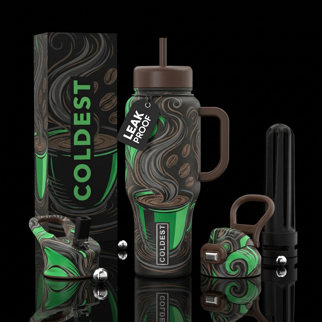 elegant, stylized illustration of a steaming bever... water bottle design