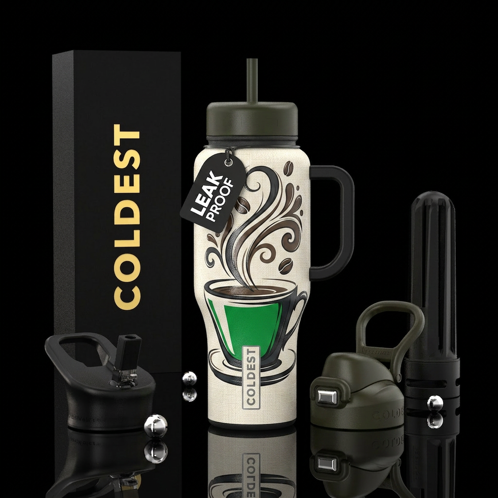 elegant, stylized illustration of a steaming bever... water bottle design