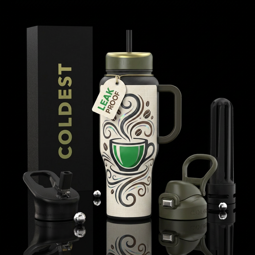 elegant, stylized illustration of a steaming bever... water bottle design