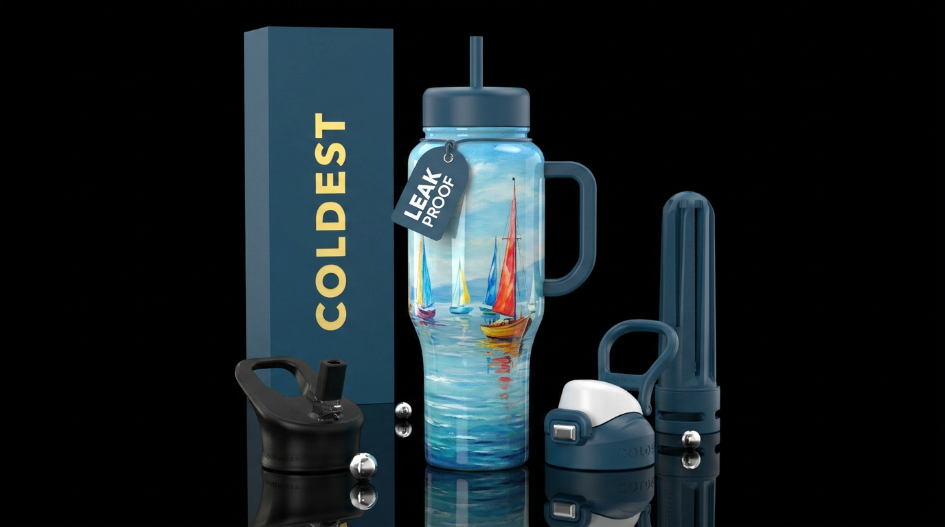 Serene tranquil, sailboats, glossy, trompe-l'œil water bottle design