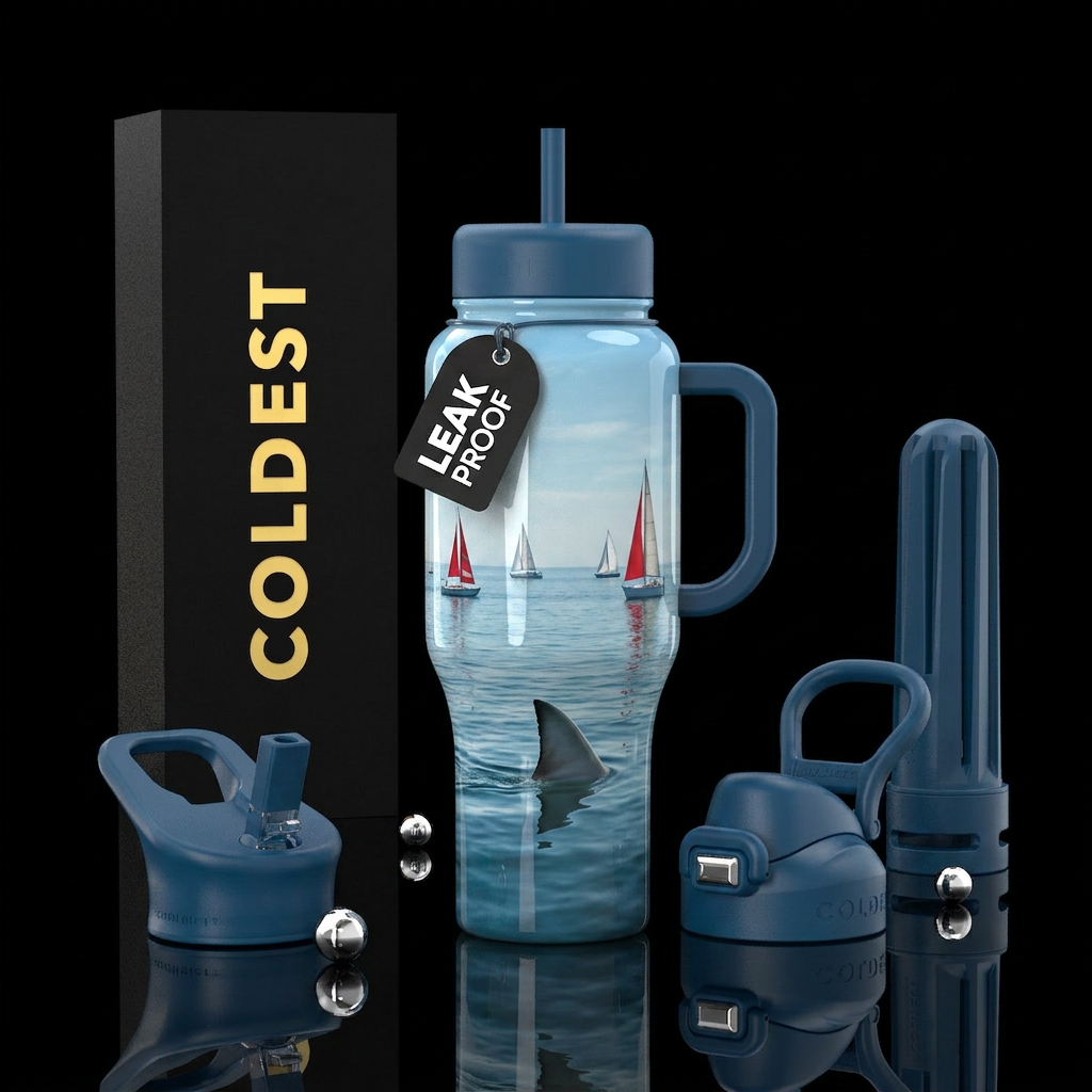 Serene tranquil, sailboats, glossy, trompe-l'œil,s... water bottle design