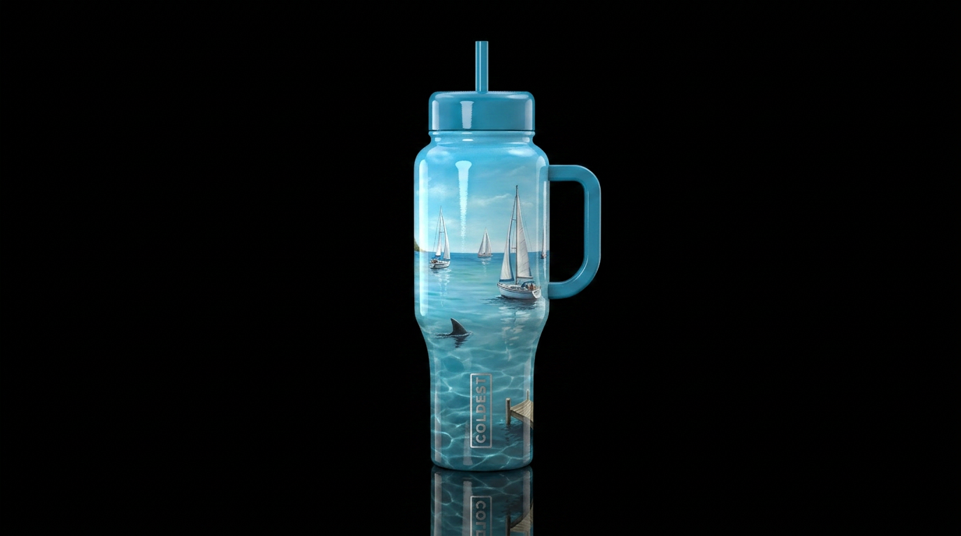 Serene tranquil, sailboats, glossy, trompe-l'œil,s... water bottle design