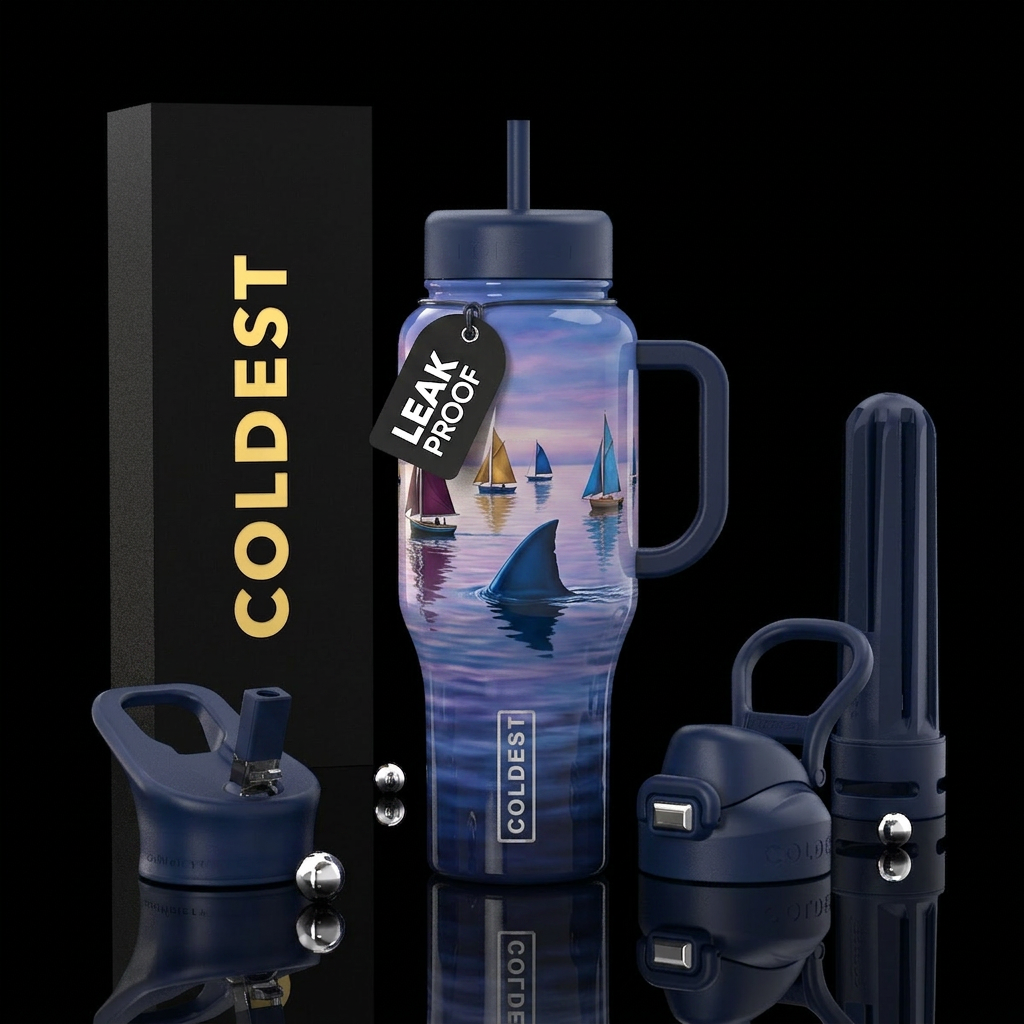 Serene tranquil, sailboats, glossy, trompe-l'œil,s... water bottle design