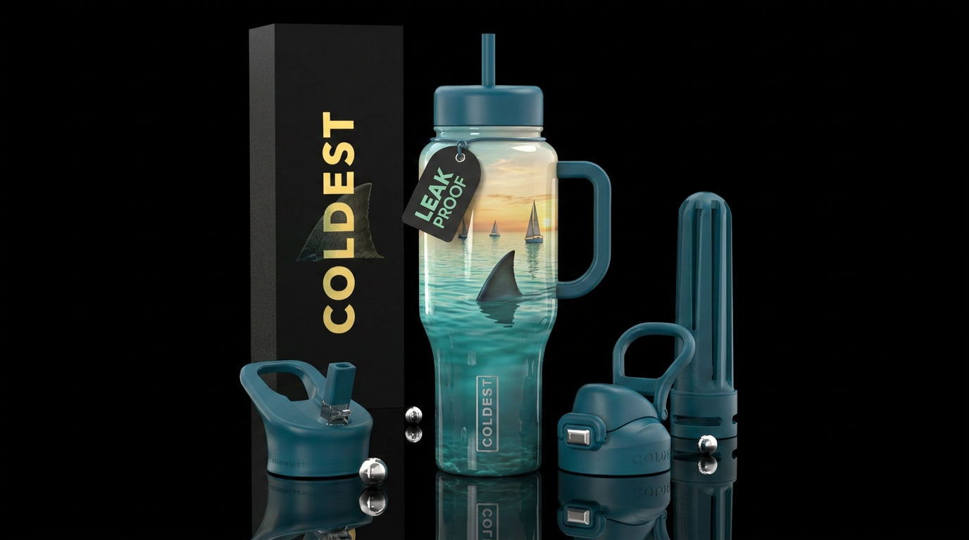 Serene tranquil, sailboats, glossy, trompe-l'œil,s... water bottle design