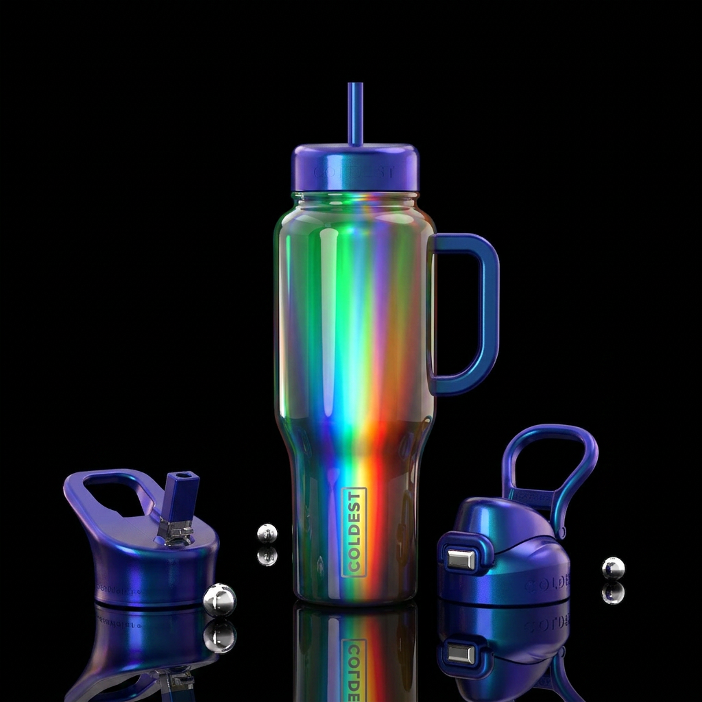 Beauty, striking, glossy, trompe-l'œil, beam water bottle design
