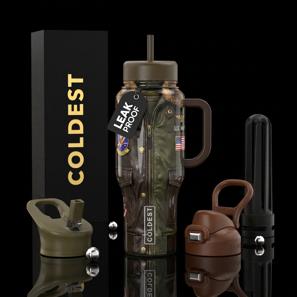Fighter pilots jacket, glossy, trompe-l'œil water bottle design