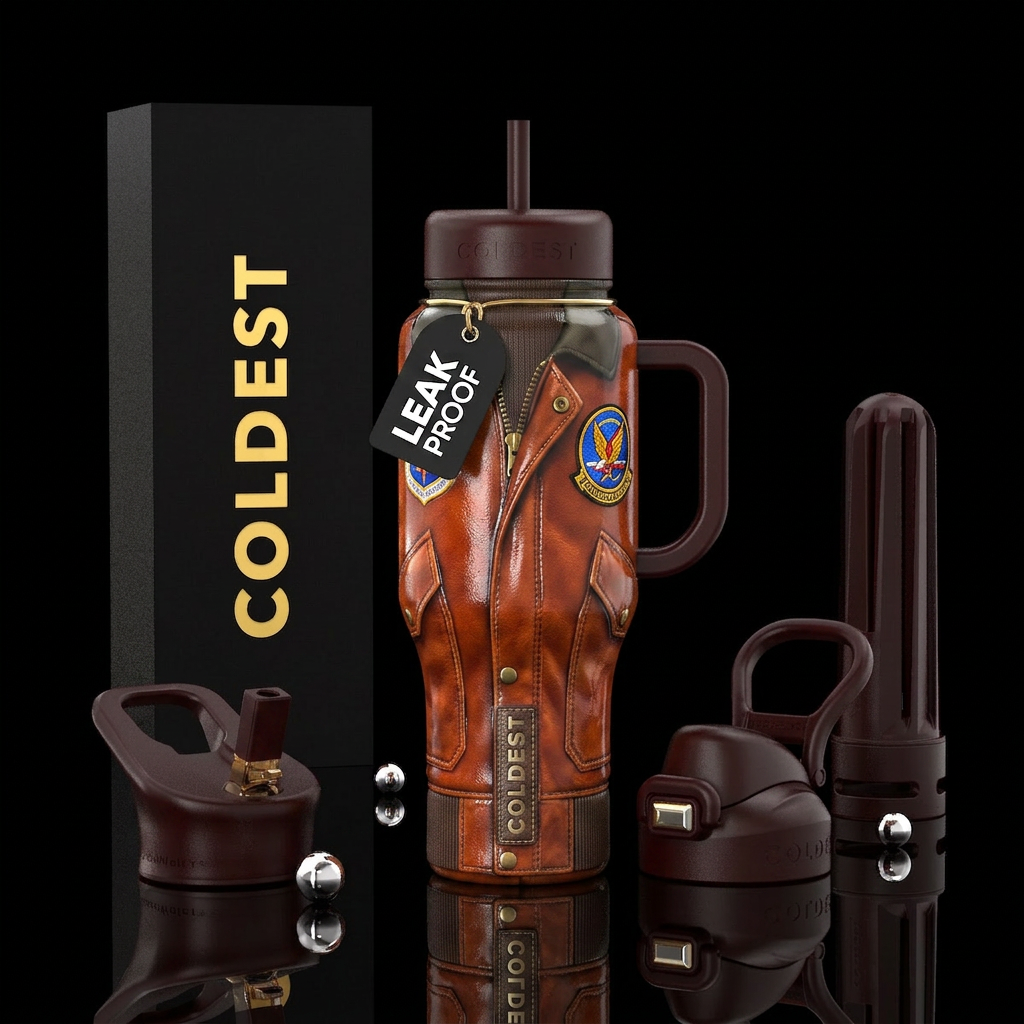 pilots jacket, glossy, trompe-l'œil water bottle design