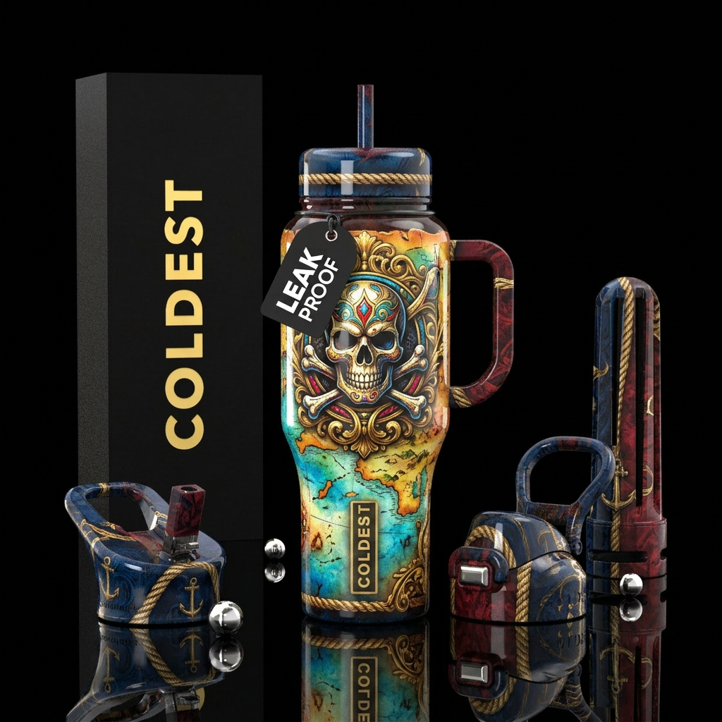 uniform, glossy, trompe-l'œil, pirate water bottle design