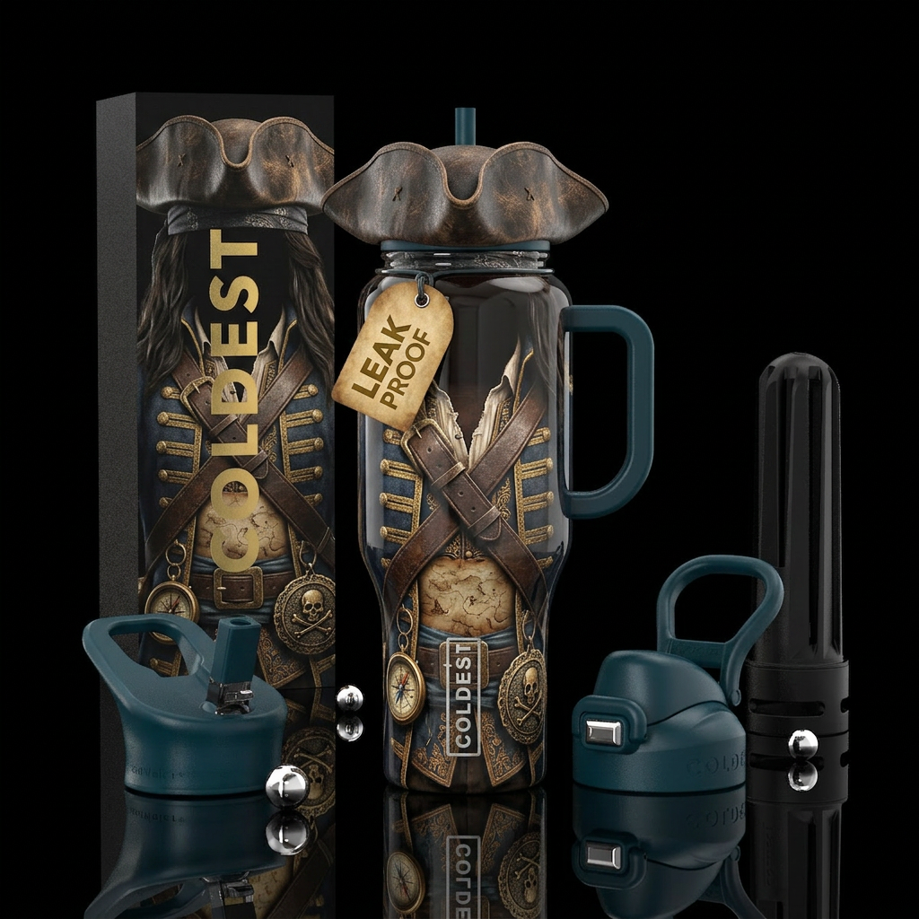 Pirate uniform, glossy, trompe-l'œil, pirate water bottle design