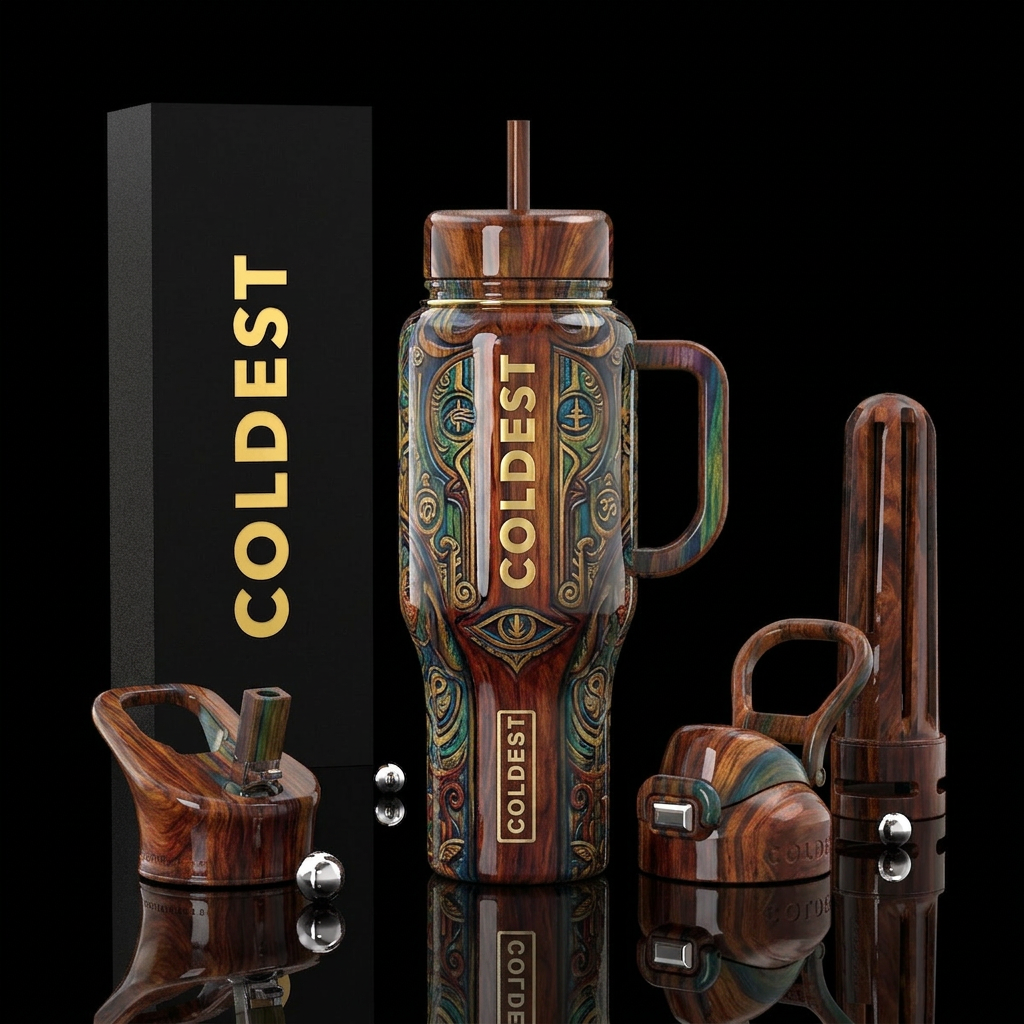 woodworking, light, spiritual, outsider art,glossy... water bottle design