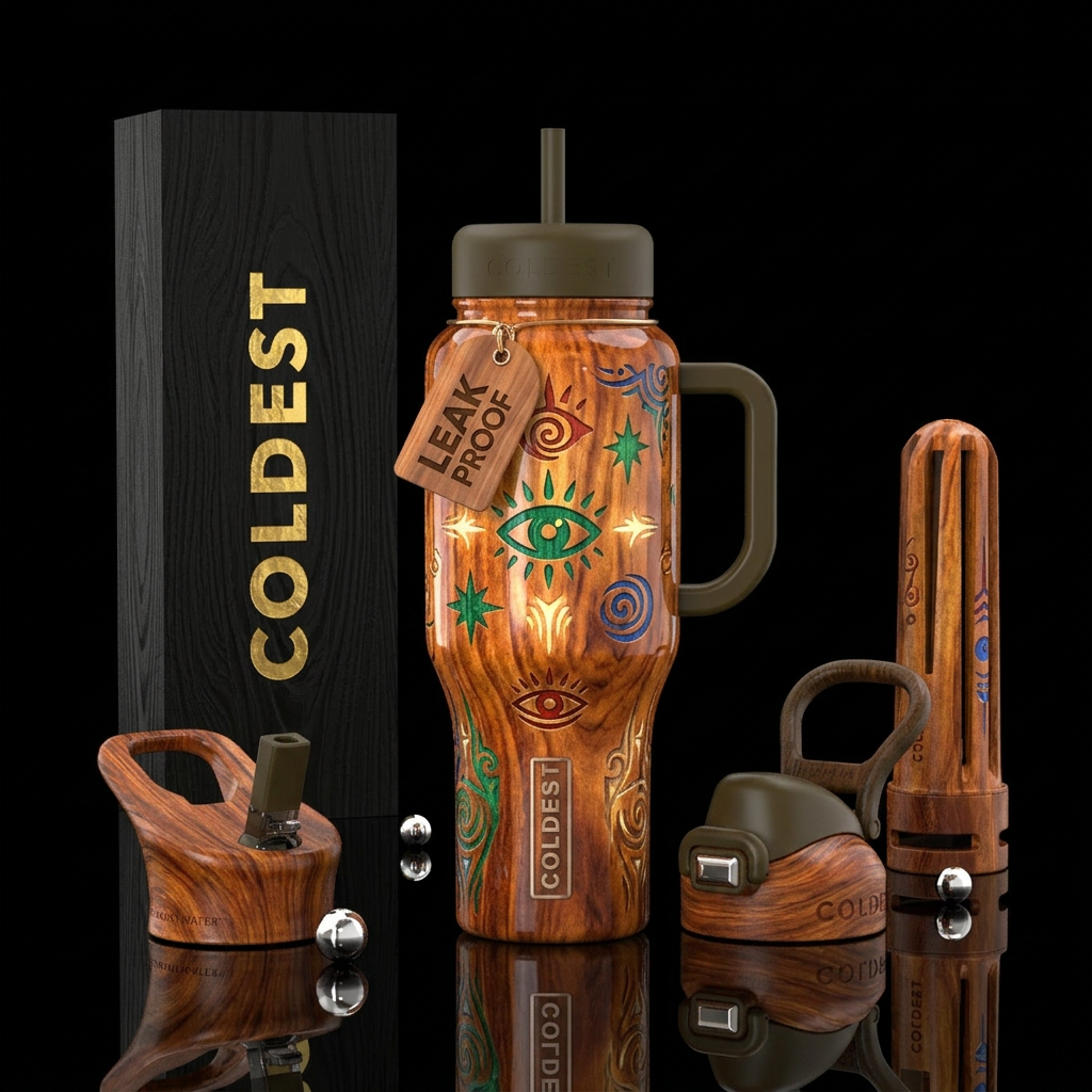 woodworking, light, spiritual, outsider art,glossy... water bottle design