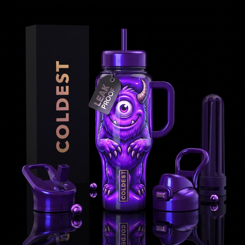 Purple people eater,glossy, glowie, trompe-l'œil water bottle design
