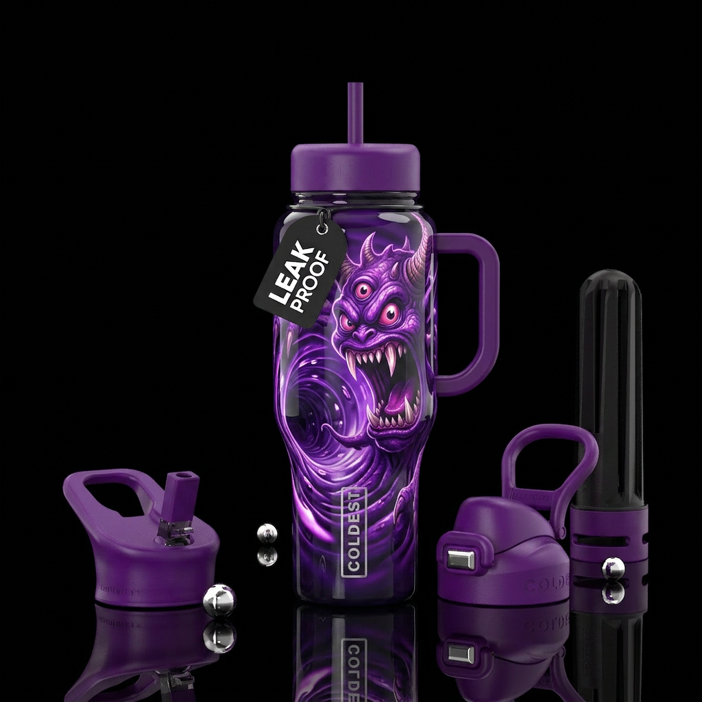 Purple people eater,glossy, glowie, trompe-l'œil water bottle design