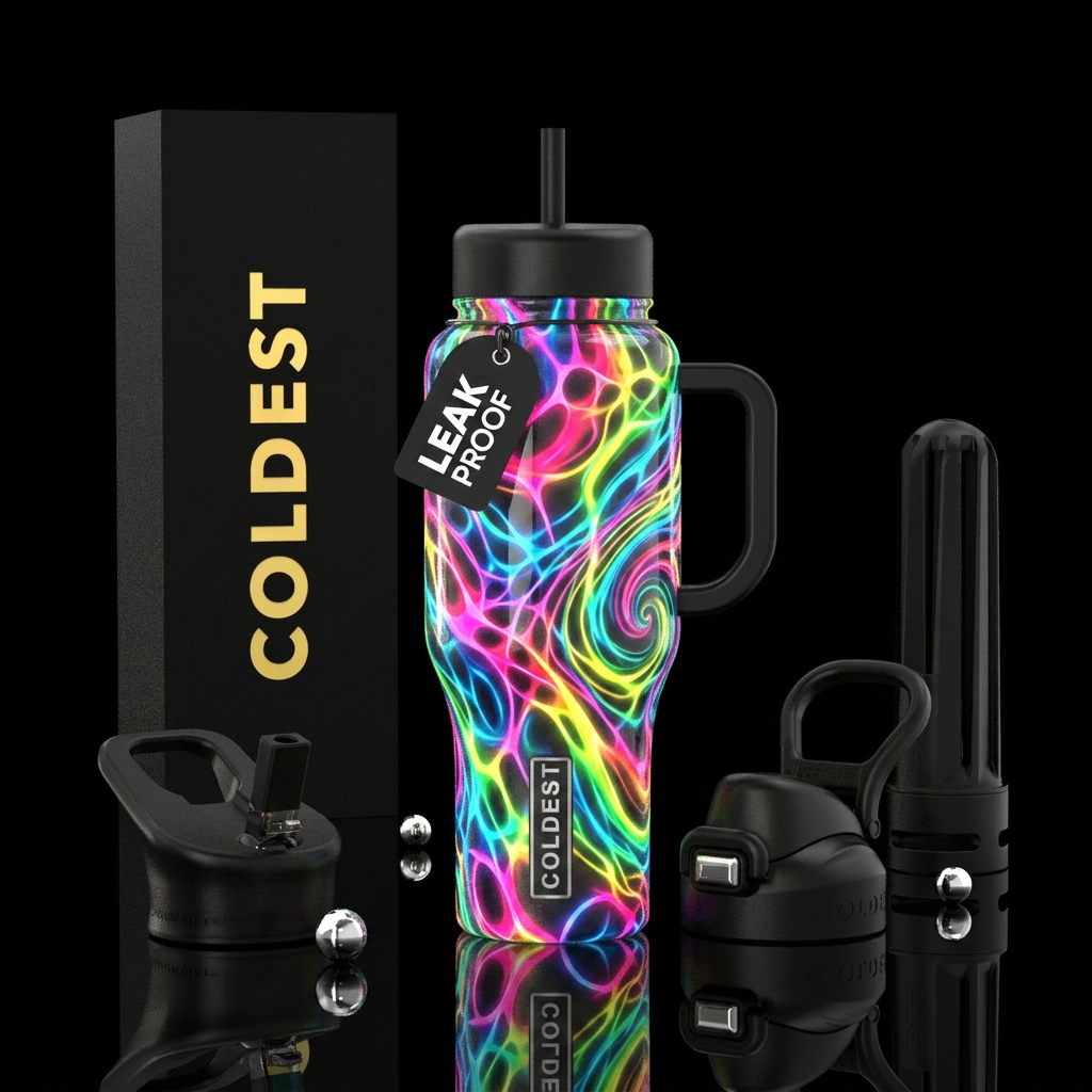 Bright florescent, glossy, glowie, trompe-l'œil water bottle design