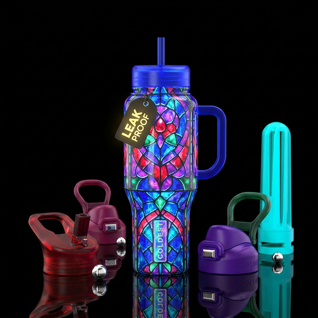 Bright florescent, glossy, glowie, trompe-l'œil, s... water bottle design