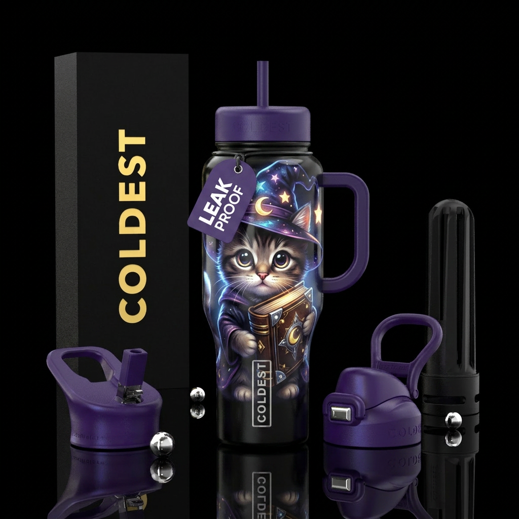 Cute kitten with big eyes with witch's hat with st... water bottle design
