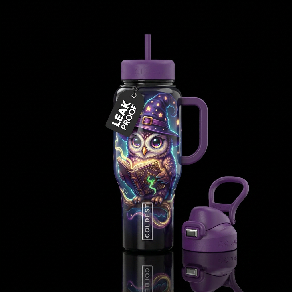 Cute owl with big eyes with witch's hat with stars... water bottle design