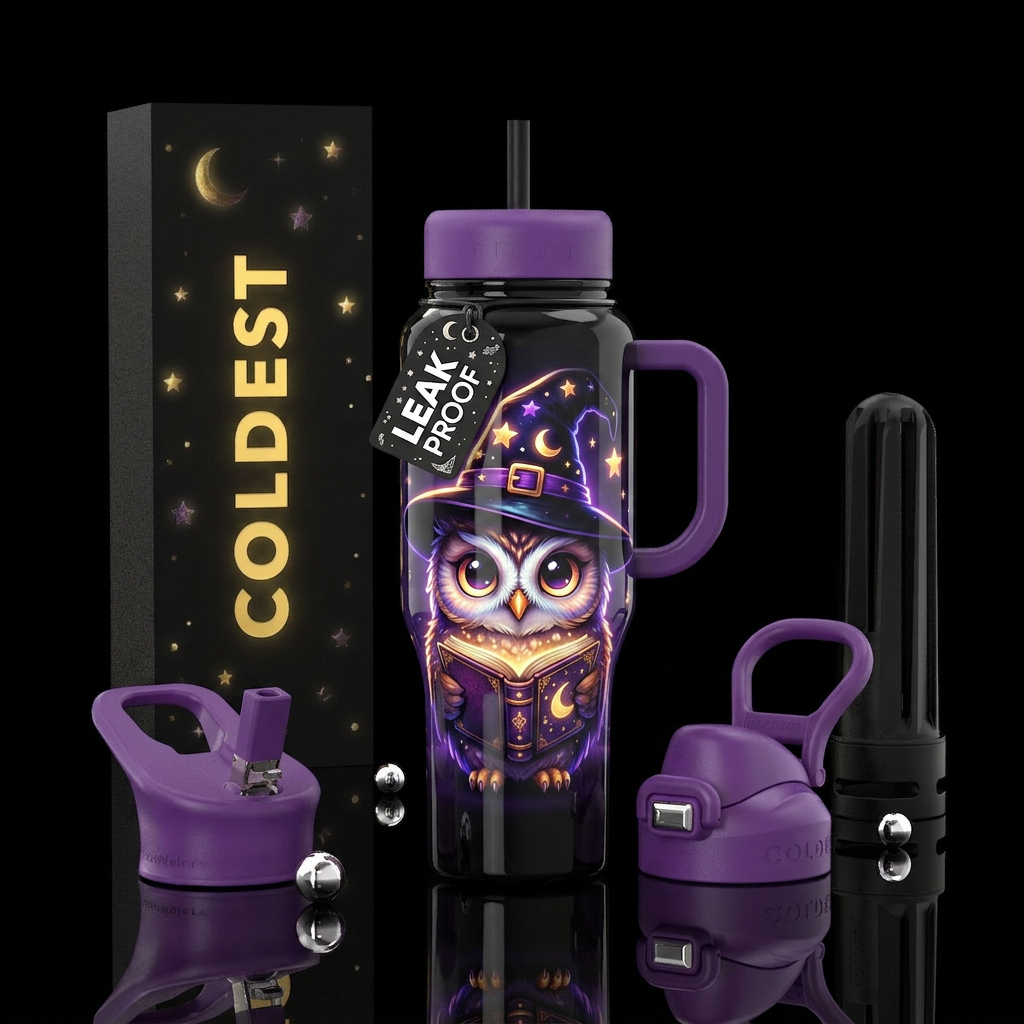 Cute owl with big eyes with witch's hat with stars... water bottle design