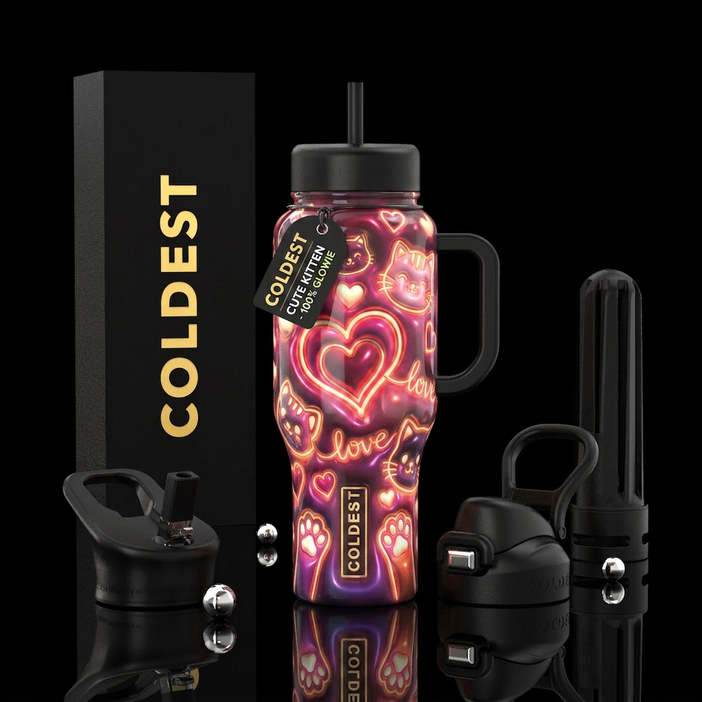 Cute kitten love ,glossy, glowie, trompe-l'œil water bottle design