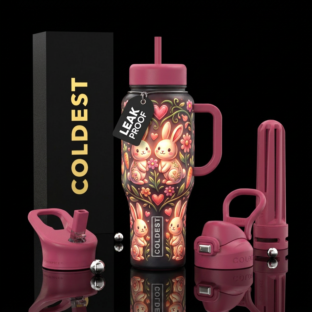Cute bunny love ,glossy, glowie, trompe-l'œil water bottle design