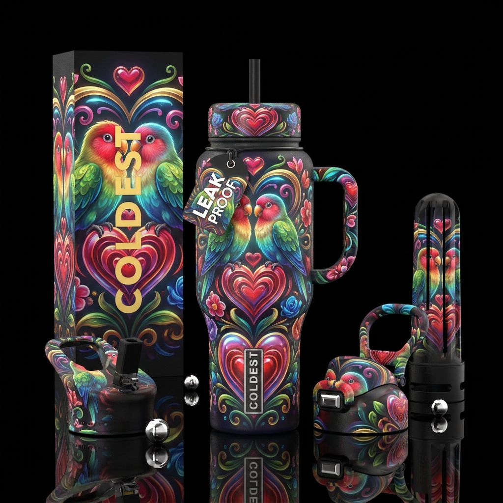 Cute lovebirds love ,glossy, glowie, trompe-l'œil water bottle design